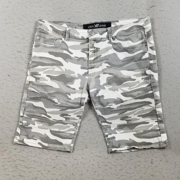 XRAY Jeans Shorts Mens 36 Gray Camo Denim Moto Biker Stretch Ribbed Five Pocket - Picture 1 of 16